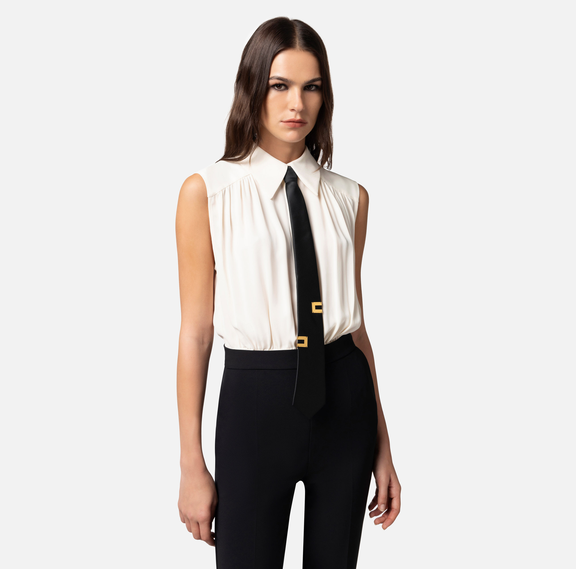 Crêpe and viscose combined jumpsuit with tie - Elisabetta Franchi® Outlet