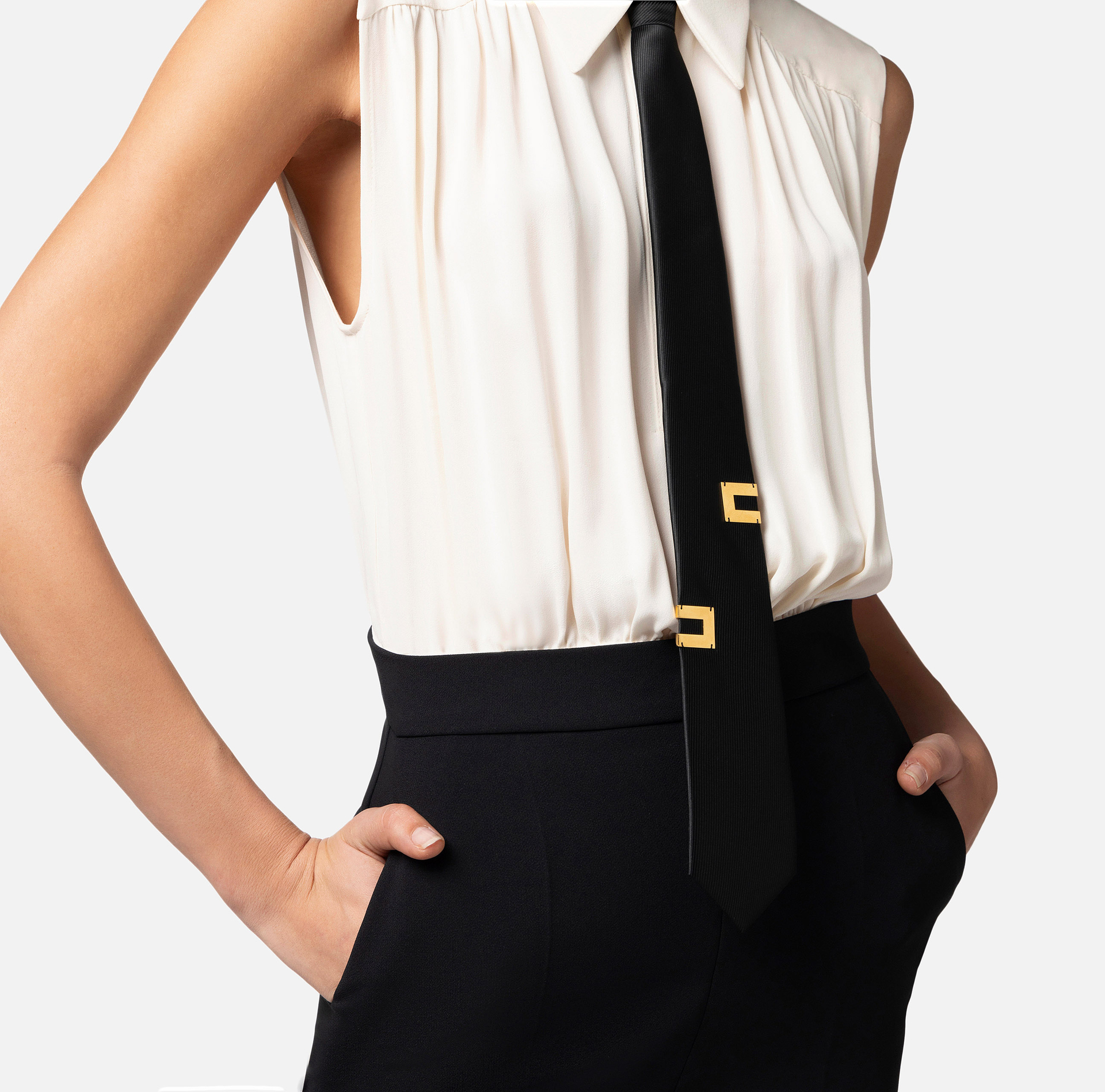 Crêpe and viscose combined jumpsuit with tie - Elisabetta Franchi® Outlet