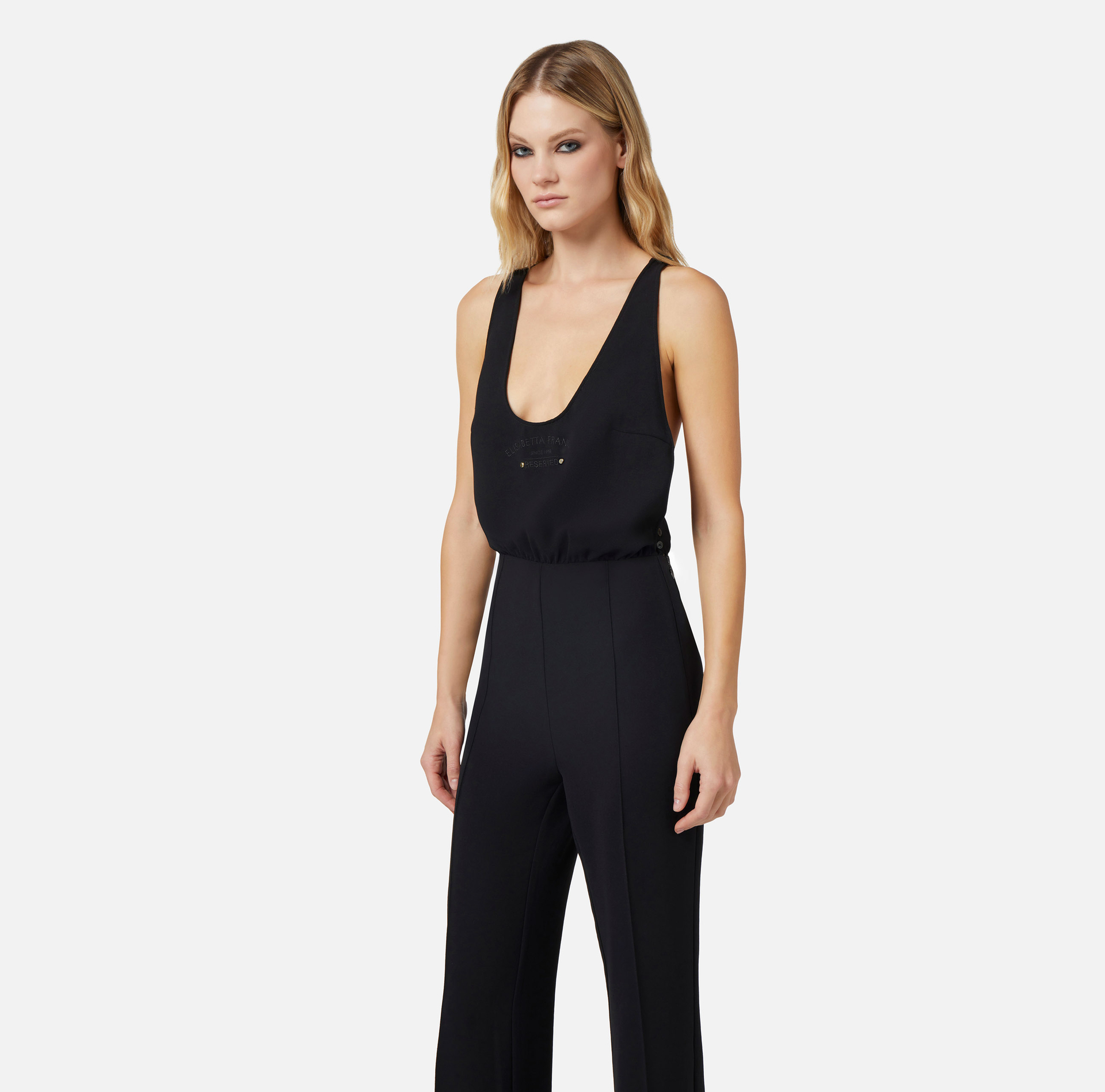 Jumpsuit in crêpe fabric with logo print - Elisabetta Franchi® Outlet