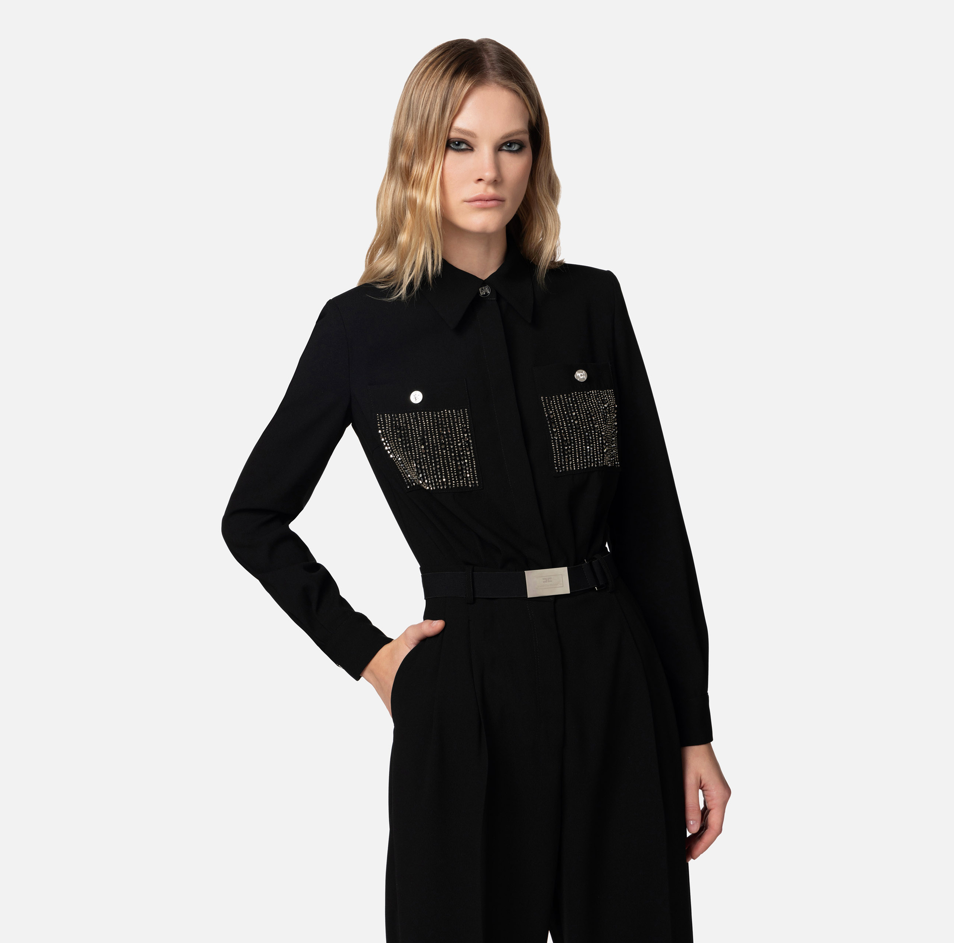 Jumpsuit in crêpe fabric with embroidered pockets - Elisabetta Franchi® Outlet