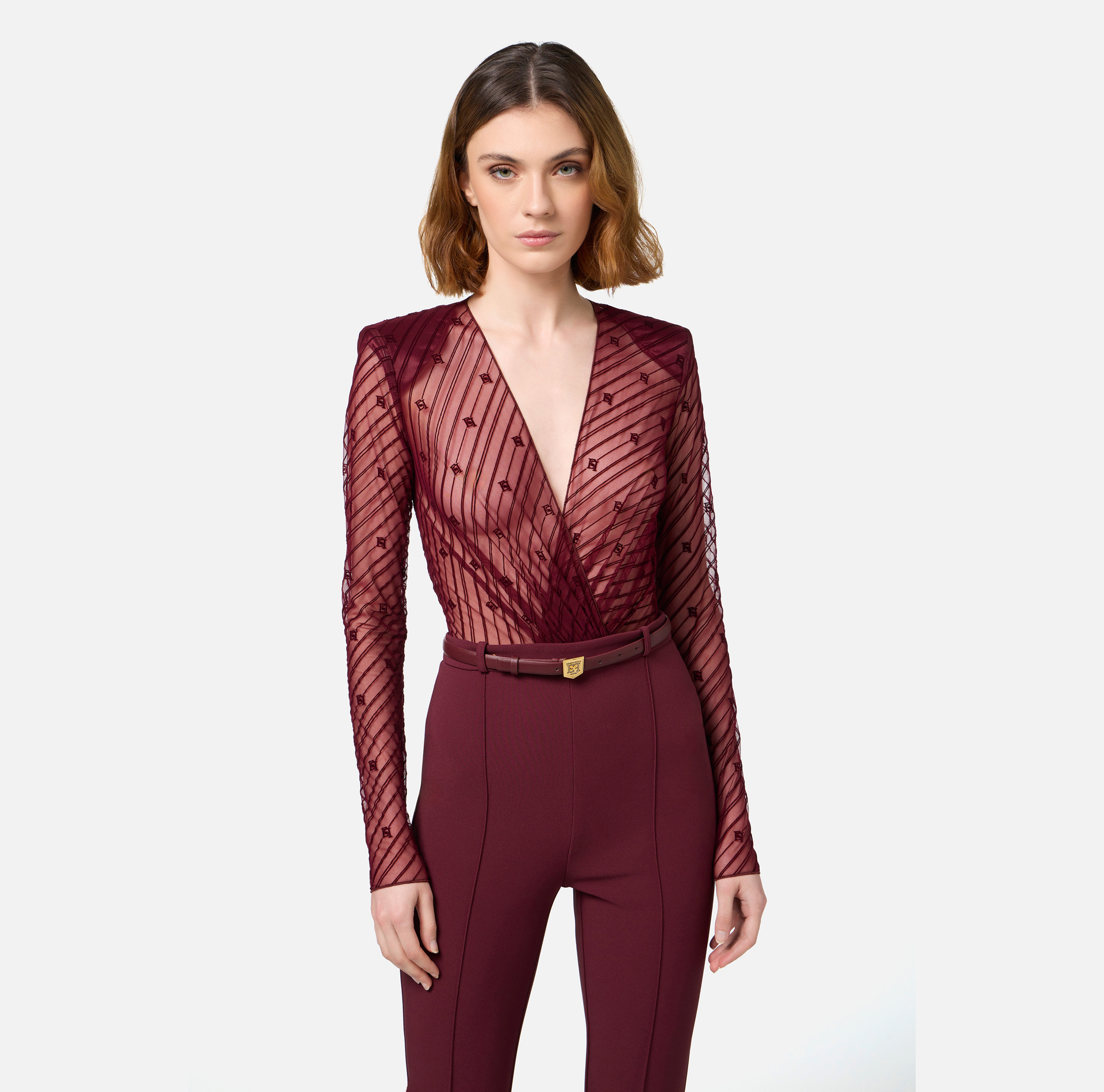 Combined jumpsuit in flocked tulle with diagonal pattern | Elisabetta Franchi® Outlet