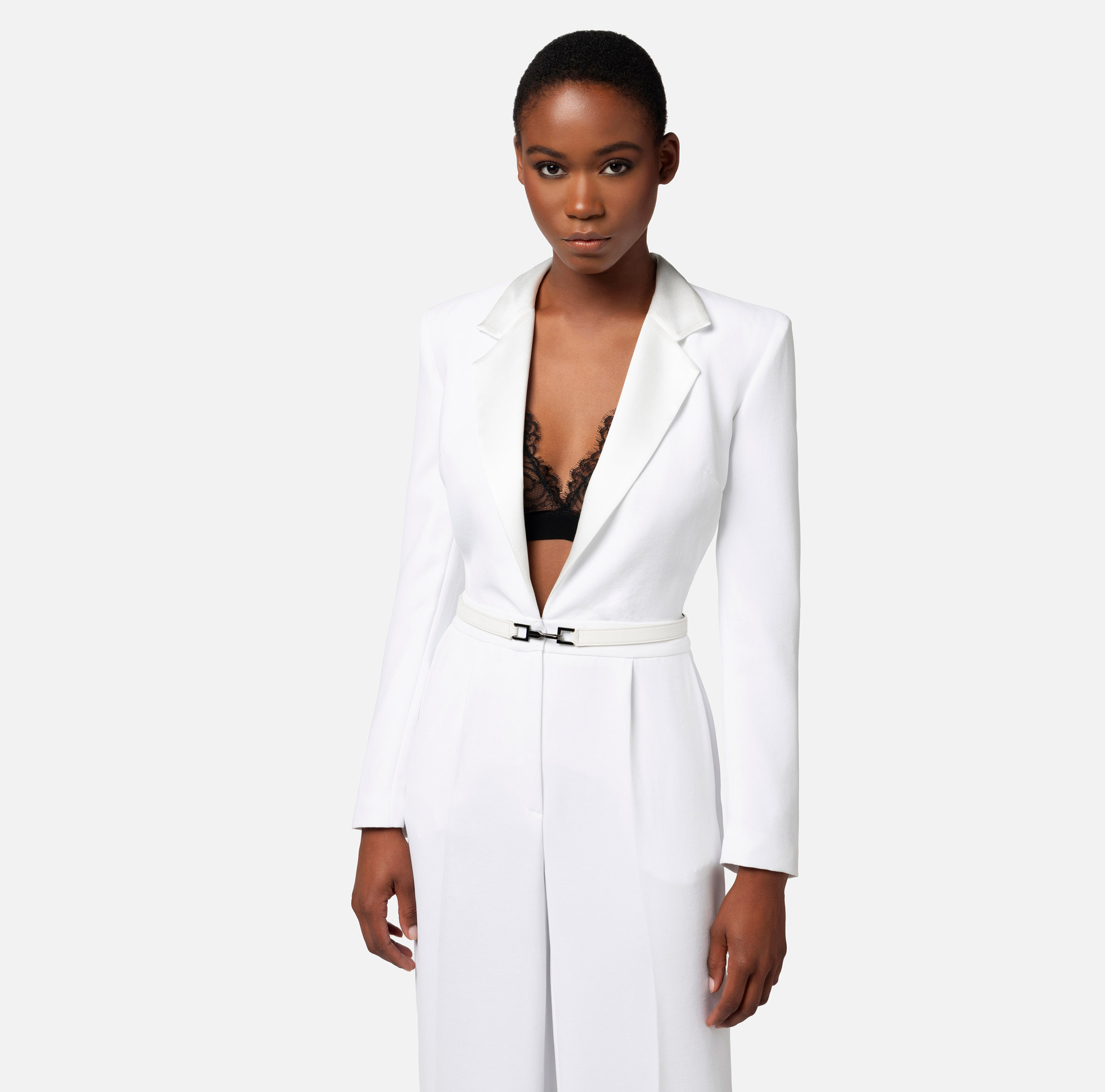 Jumpsuit in crêpe fabric with lace top and belt - Elisabetta Franchi® Outlet