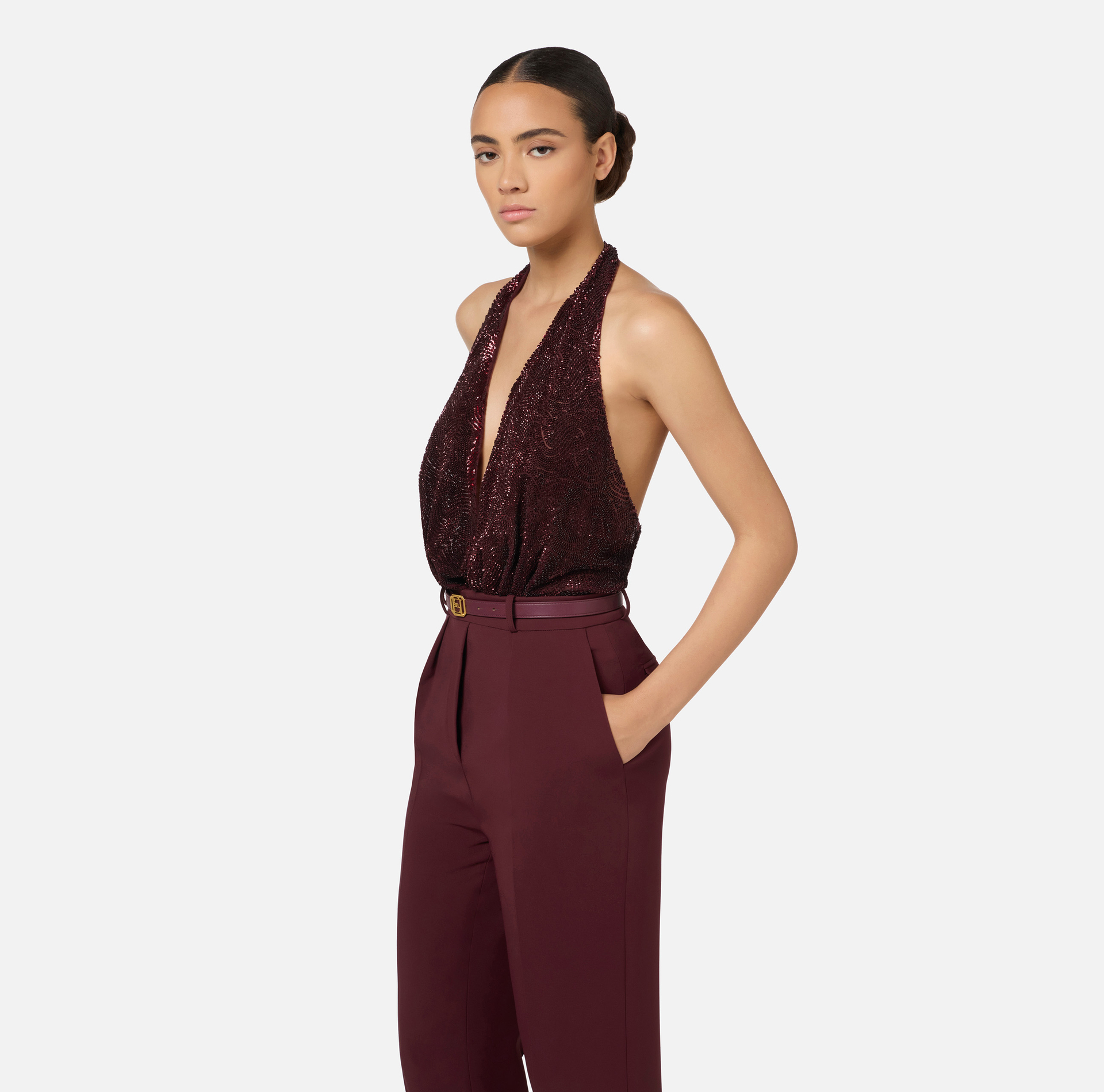 Tuta in crêpe e tulle ricamato con paillettes - Elisabetta Franchi® Outlet