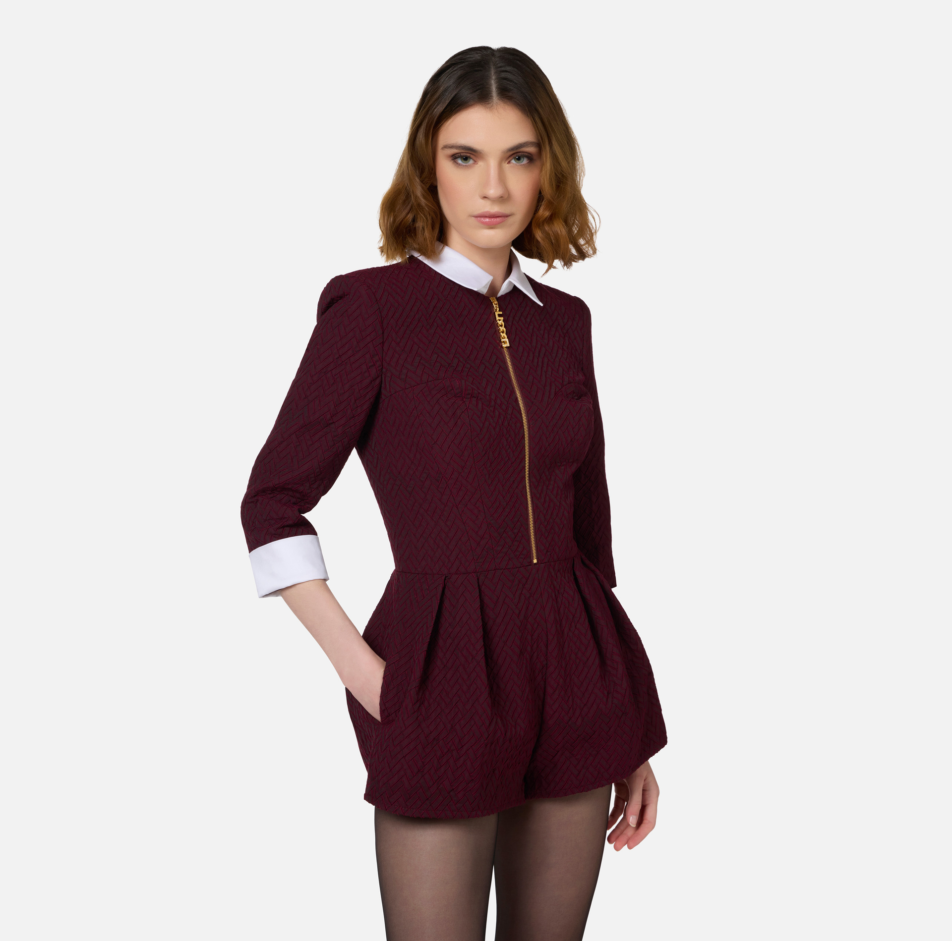 Combinaison courte en tweed chevron avec zip - Elisabetta Franchi® Outlet