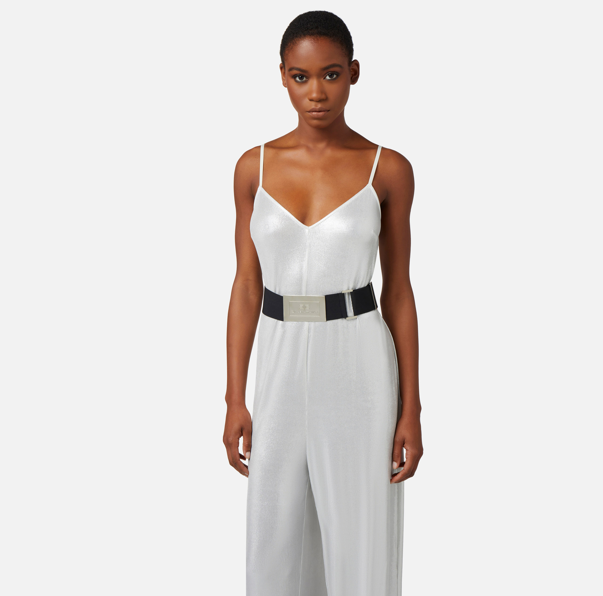 Laminated fine ribbed viscose jumpsuit with belt - Elisabetta Franchi® Outlet