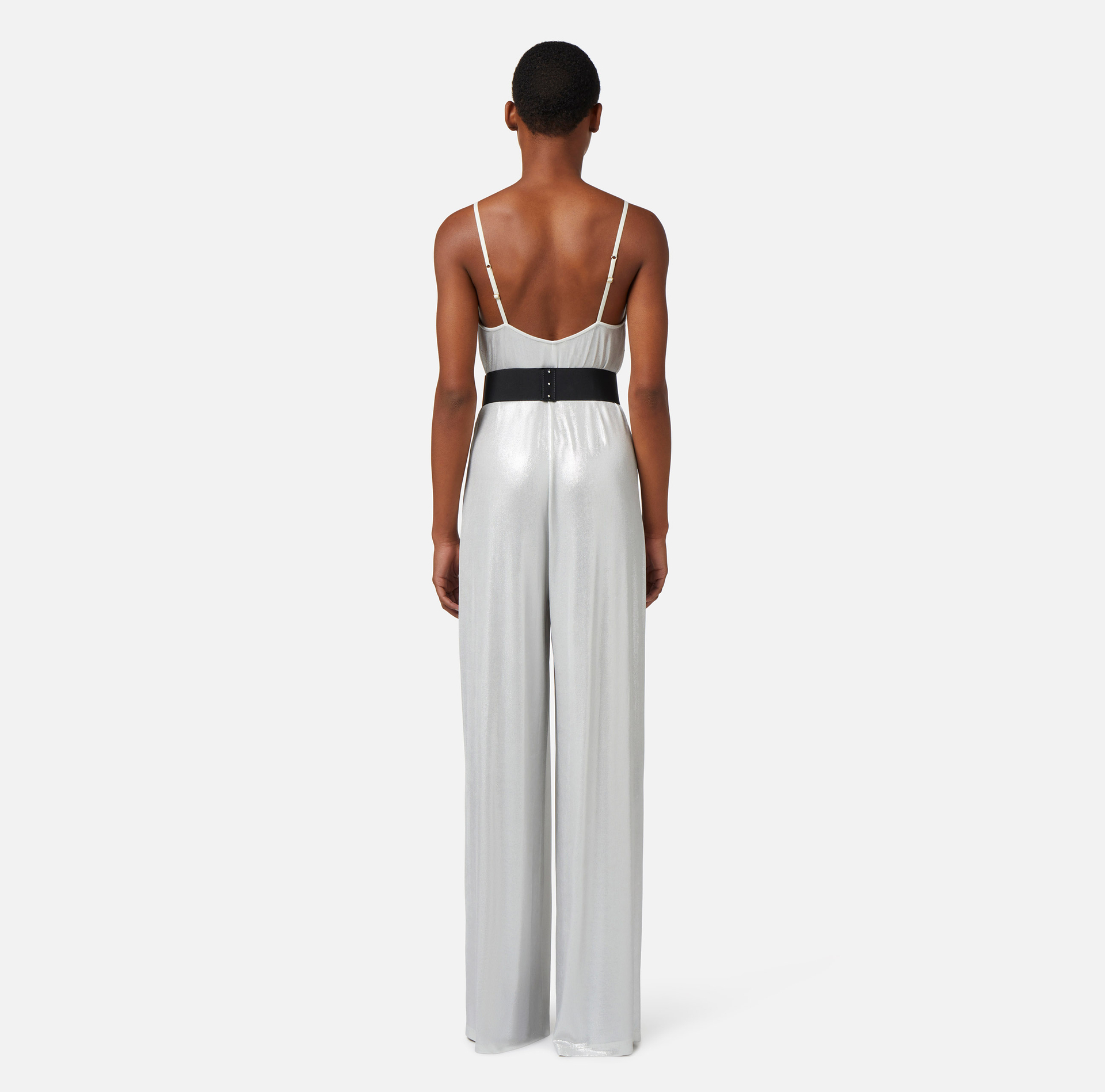 Laminated fine ribbed viscose jumpsuit with belt - Elisabetta Franchi® Outlet
