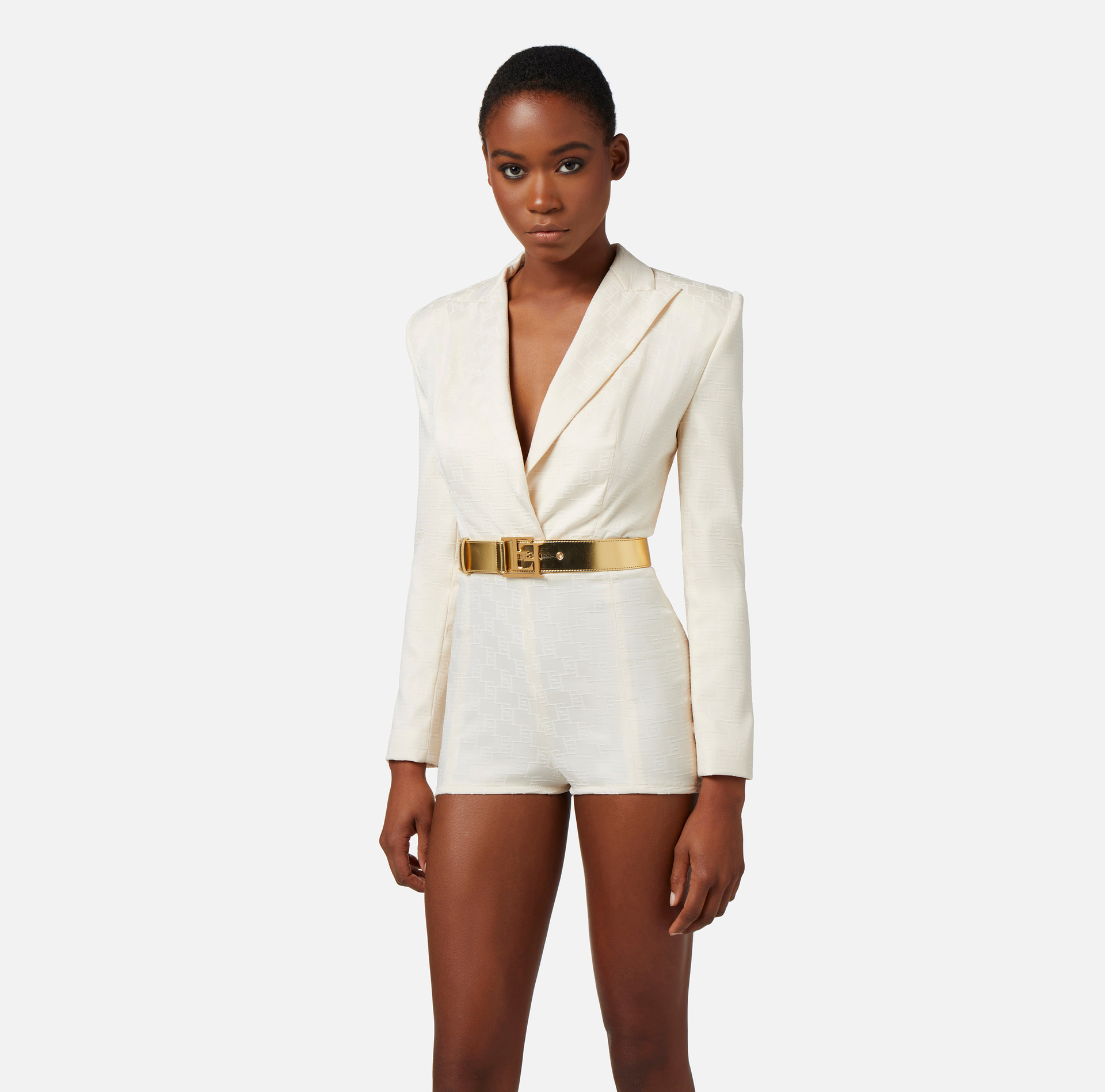 Jacquard satin romper suit with belt - Elisabetta Franchi® Outlet