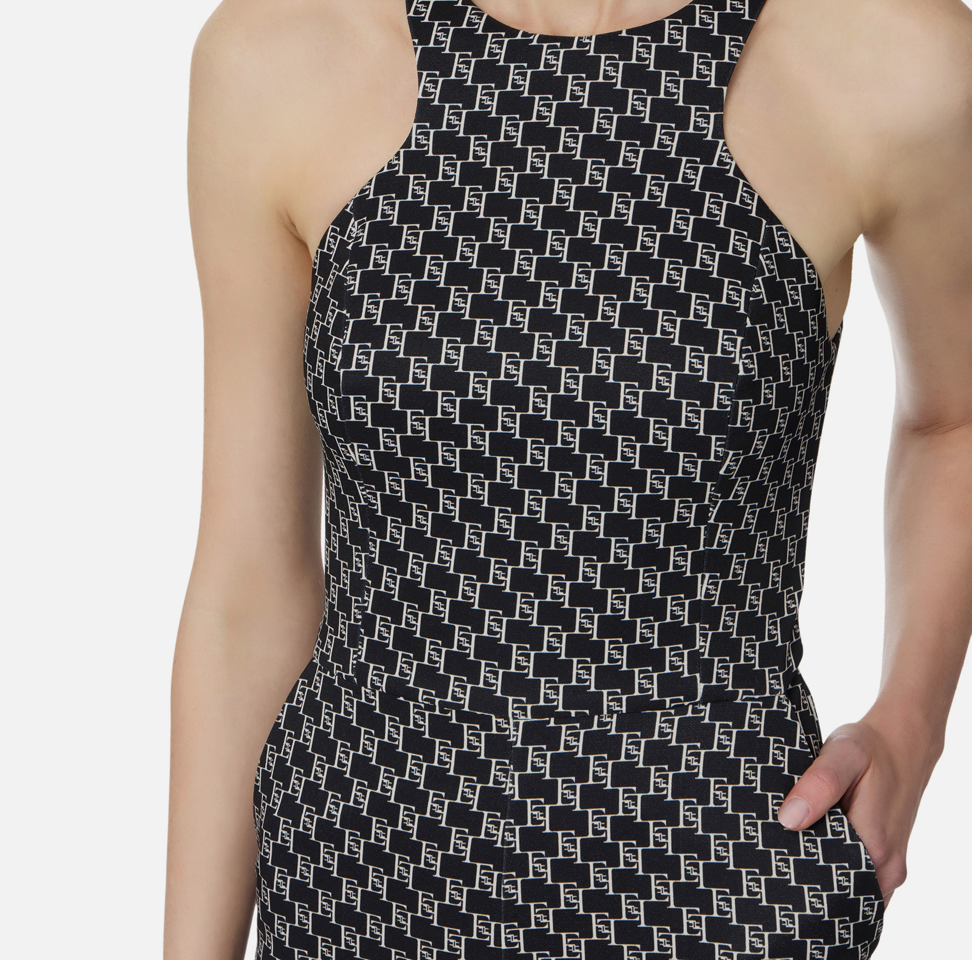 Tuta in doppio crêpe stampa logo con cintura catena - Elisabetta Franchi® Outlet