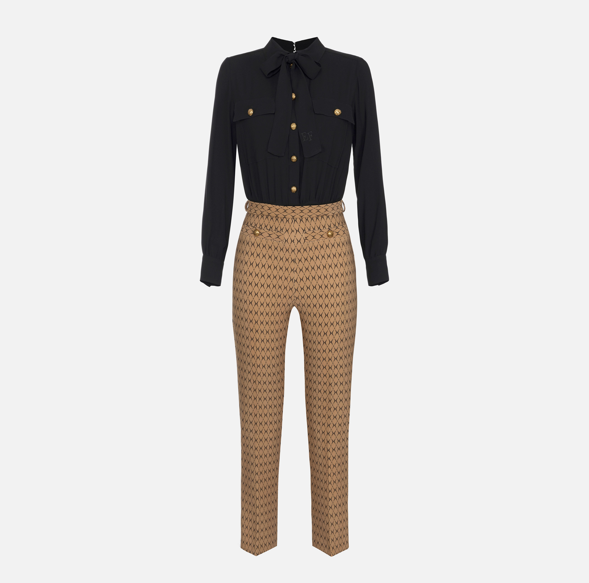 Tuta in crêpe stretch stampa rombo con fiocco - Elisabetta Franchi® Outlet