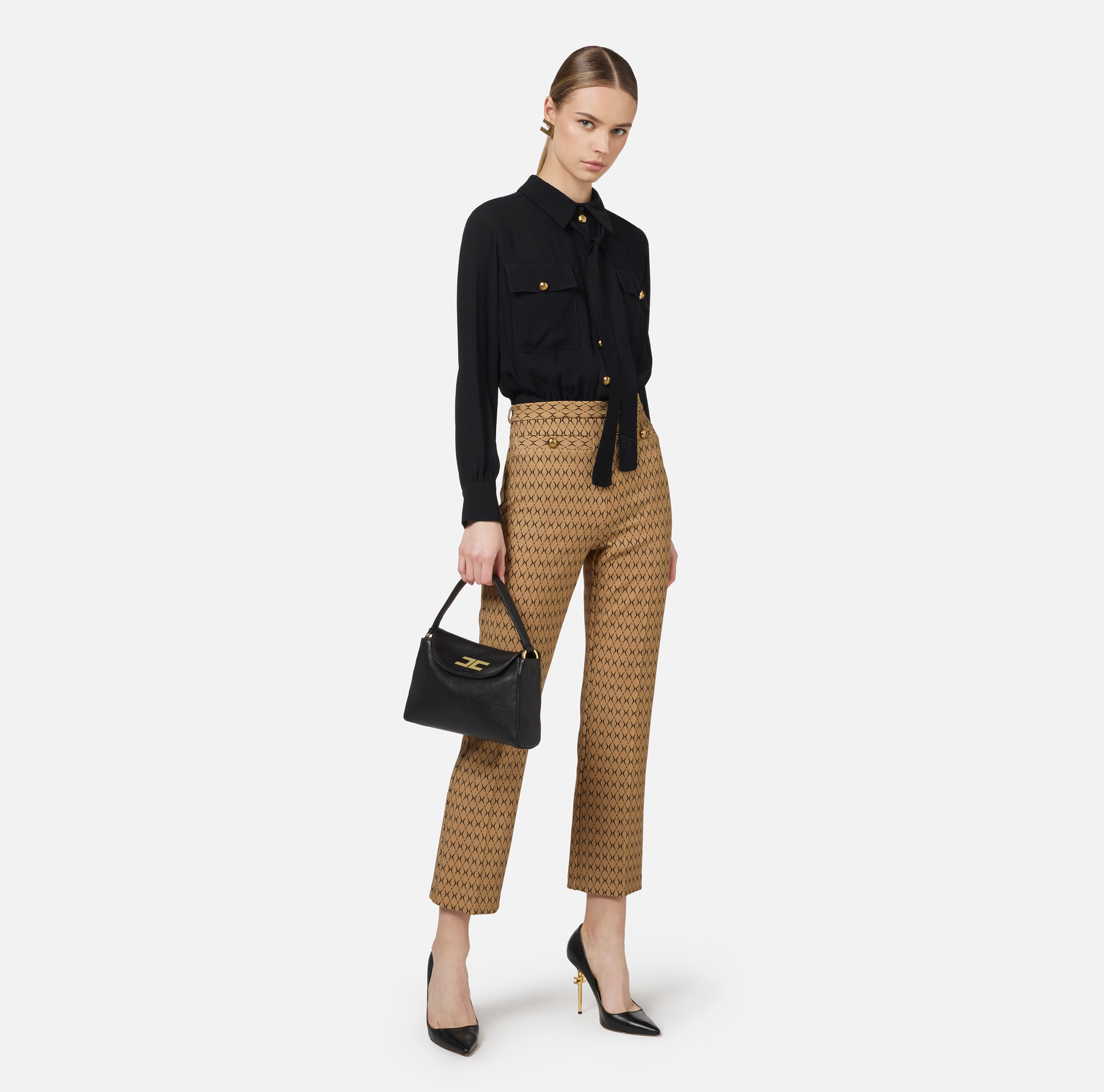 Tuta in crêpe stretch stampa rombo con fiocco - Elisabetta Franchi® Outlet