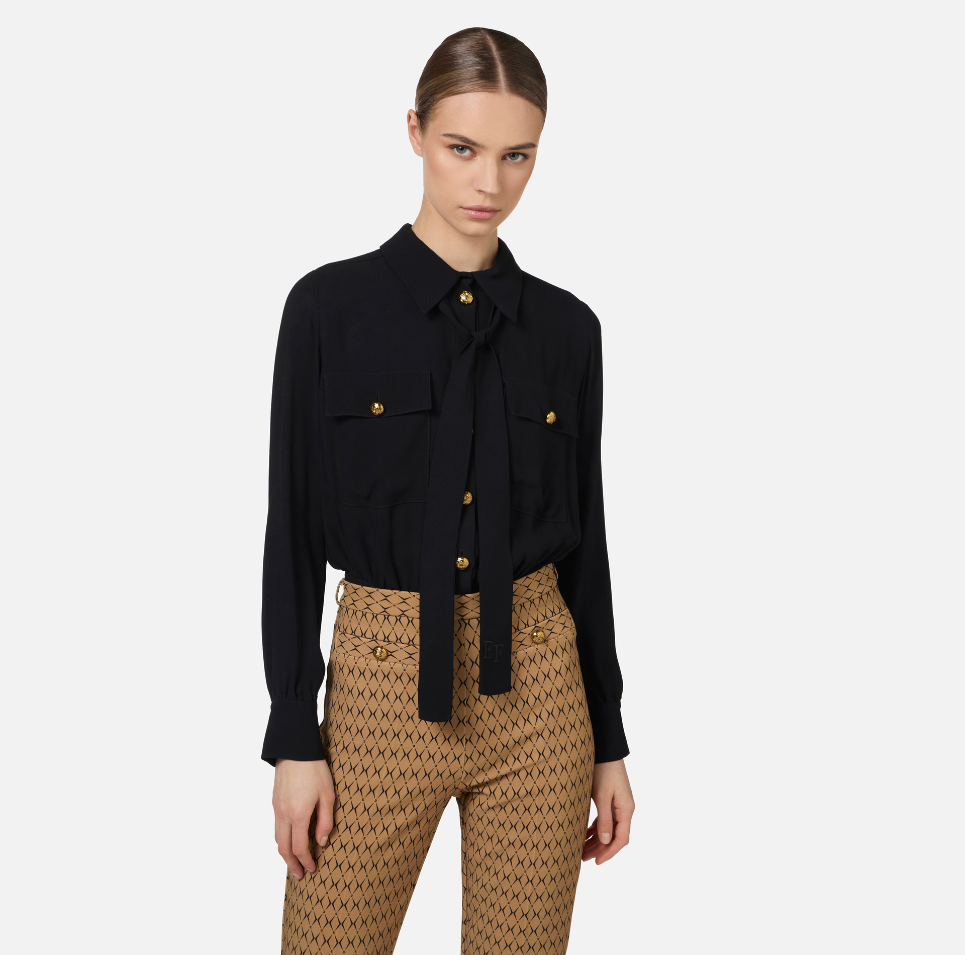Tuta in crêpe stretch stampa rombo con fiocco - Elisabetta Franchi® Outlet
