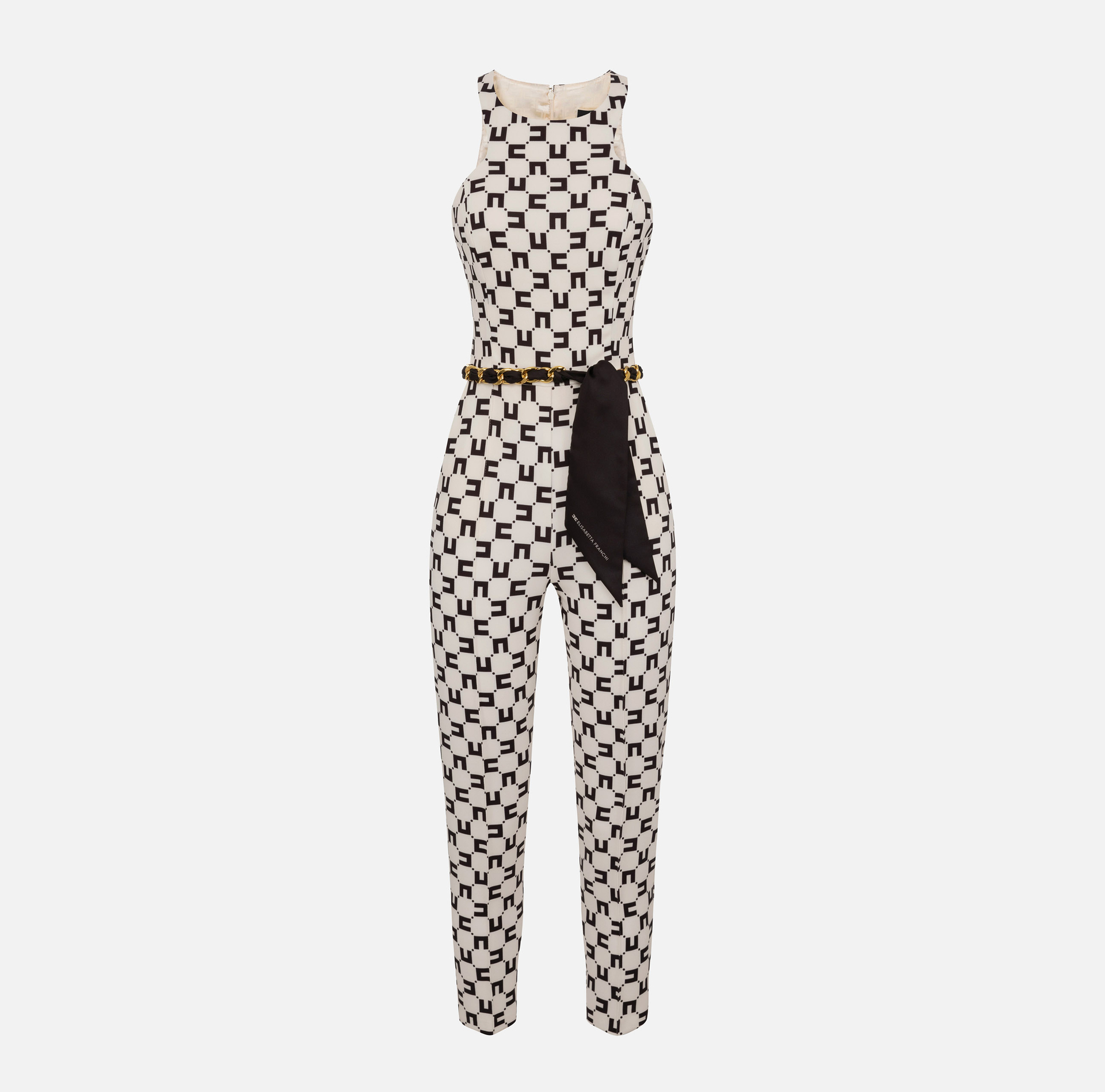 Jumpsuit in double layer crêpe fabric with logo print and chain belt - Elisabetta Franchi® Outlet