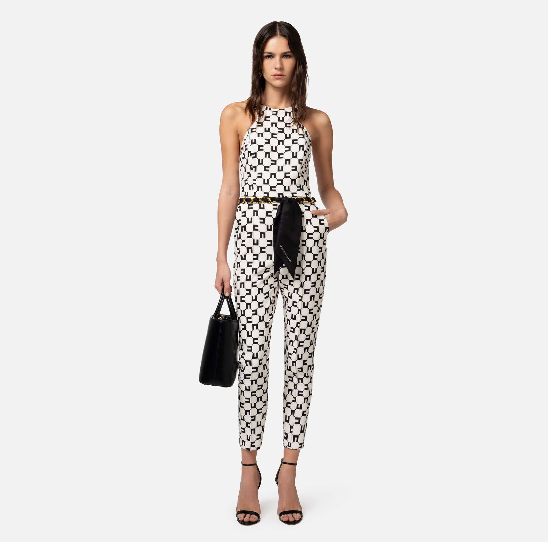 Jumpsuit in double layer crêpe fabric with logo print and chain belt - Elisabetta Franchi® Outlet