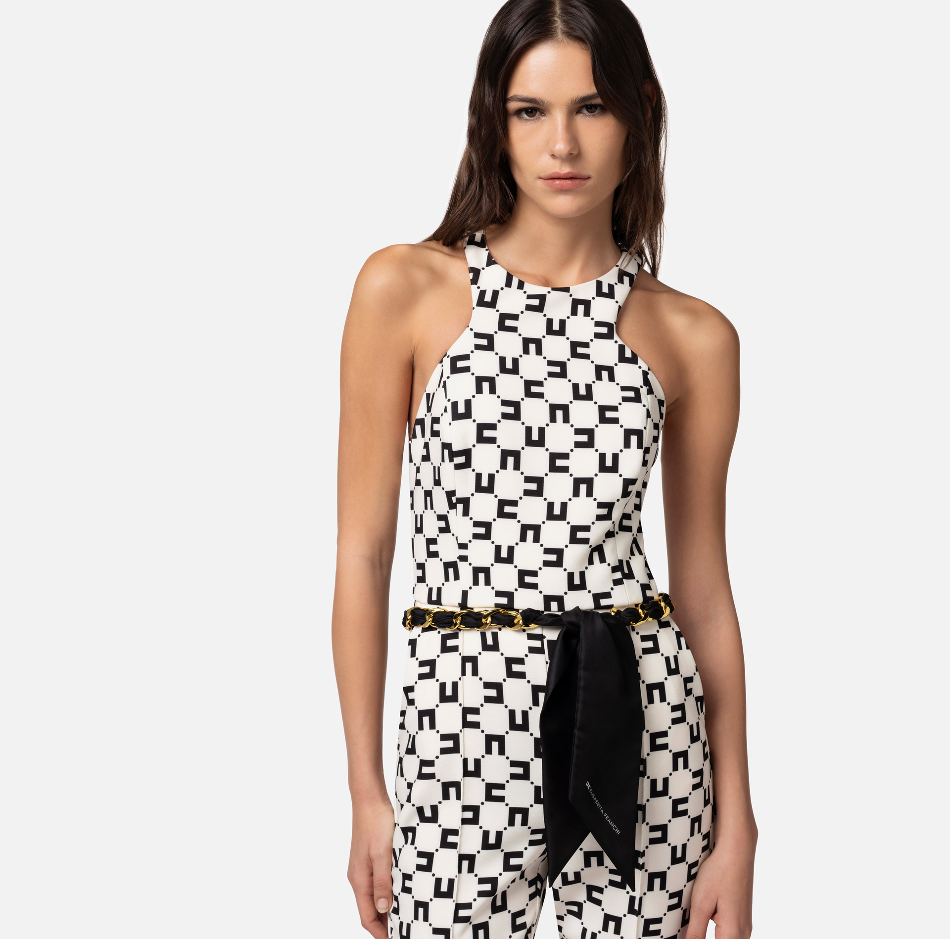 Jumpsuit in double layer crêpe fabric with logo print and chain belt - Elisabetta Franchi® Outlet