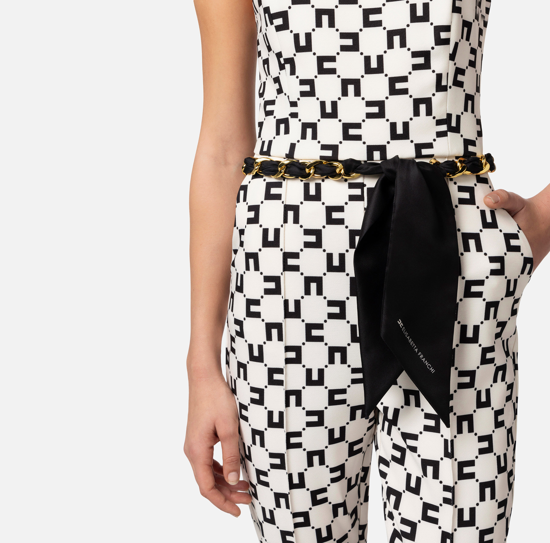 Jumpsuit in double layer crêpe fabric with logo print and chain belt - Elisabetta Franchi® Outlet