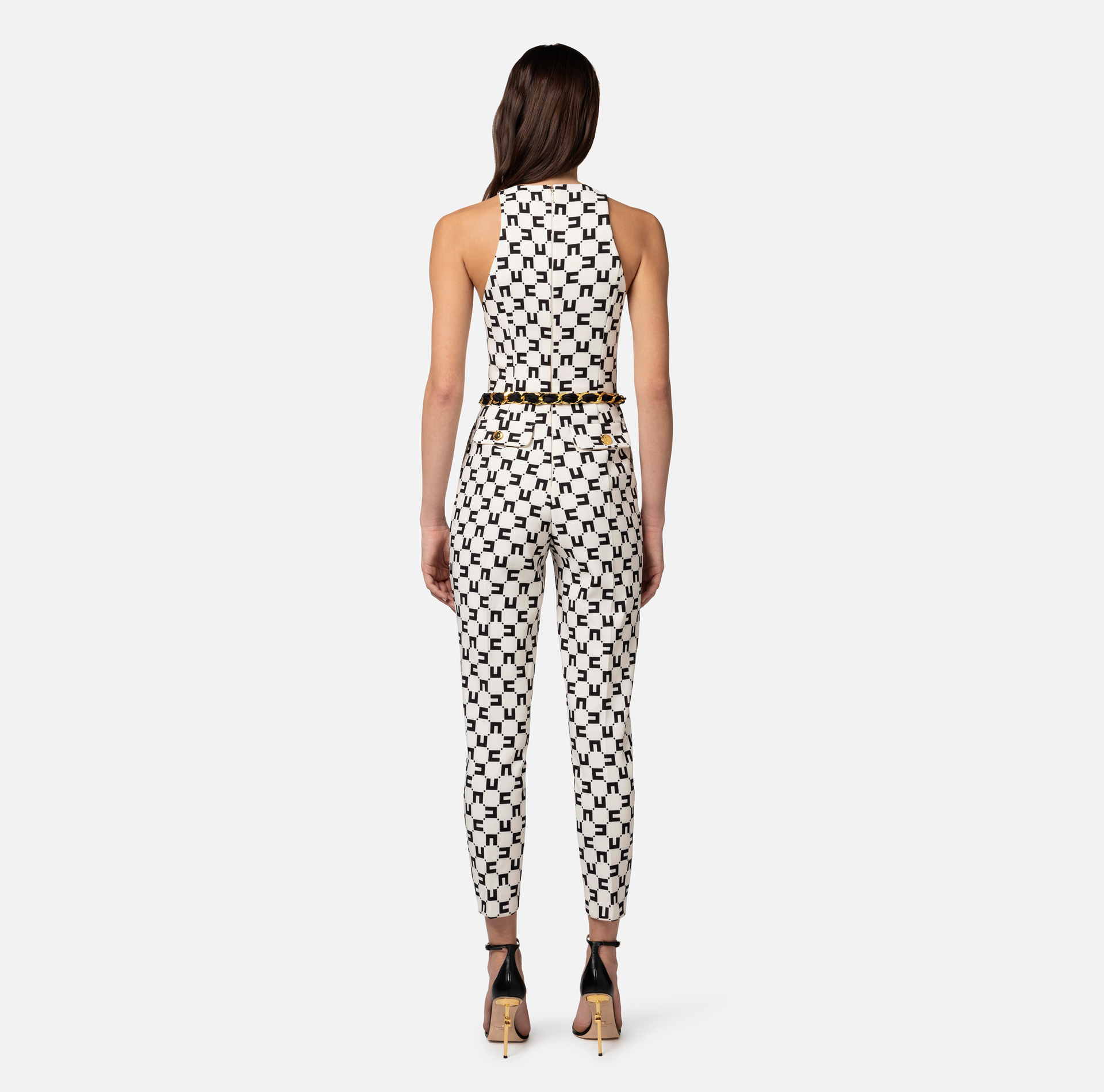 Jumpsuit in double layer crêpe fabric with logo print and chain belt - Elisabetta Franchi® Outlet