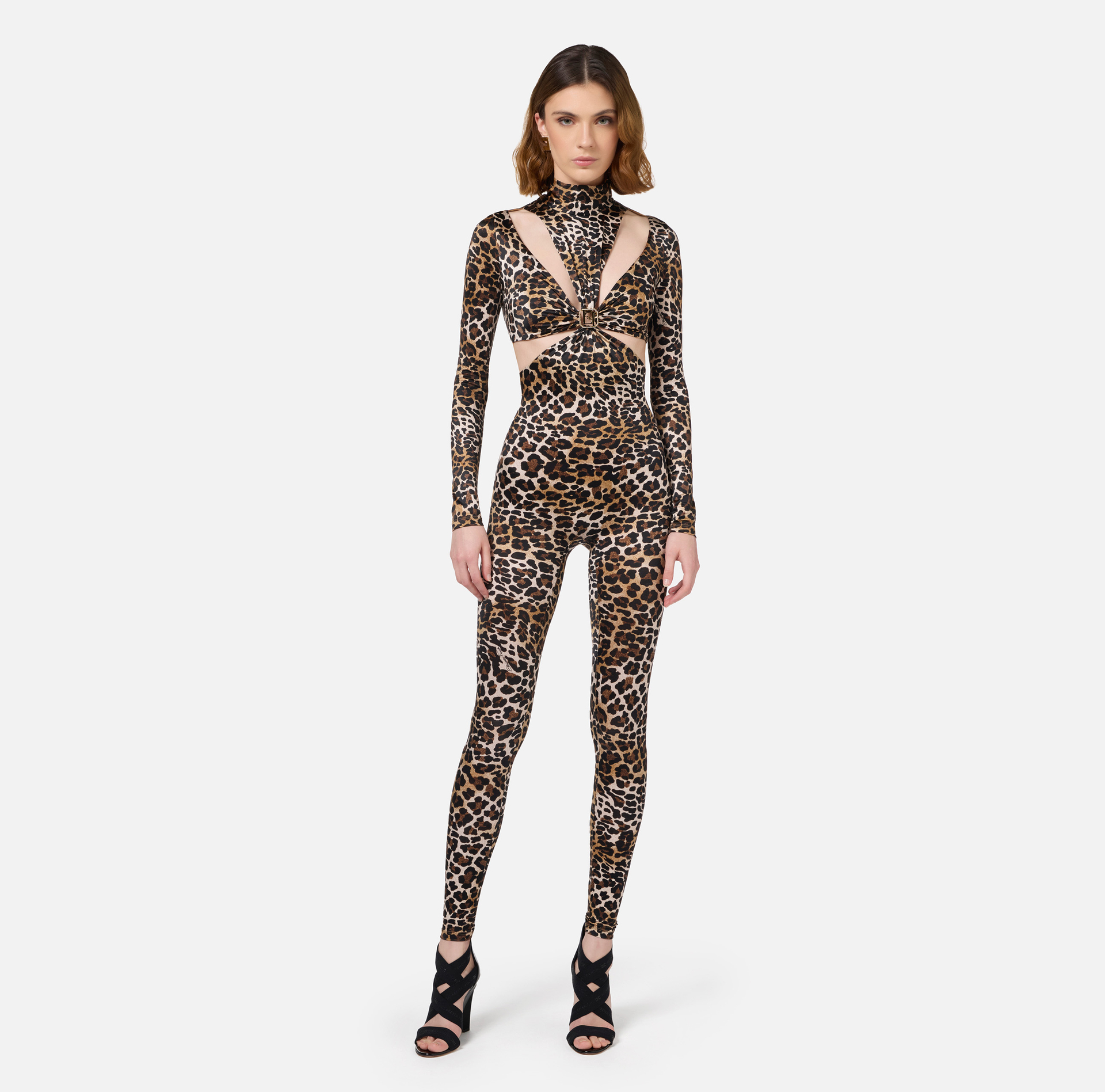 Combinaison en lycra imprimé animalier avec motif découpe et accessoire logo - Elisabetta Franchi® Outlet