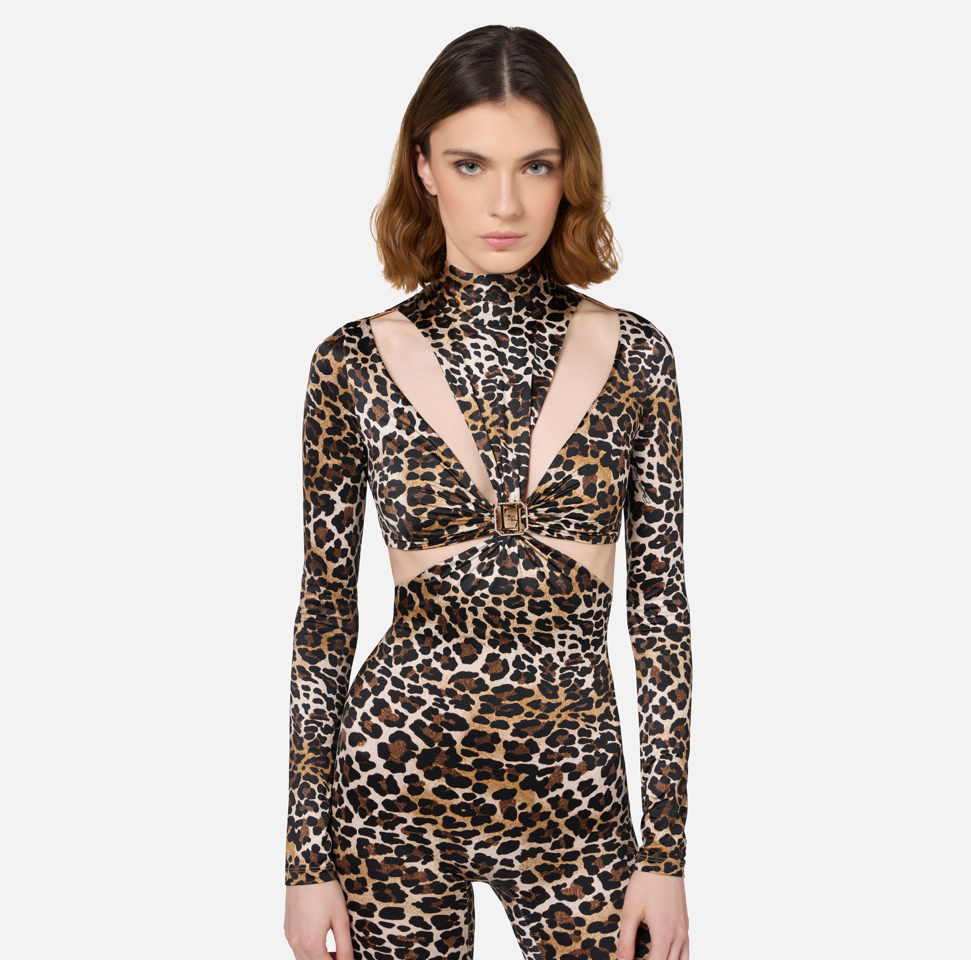 Combinaison en lycra imprimé animalier avec motif découpe et accessoire logo - Elisabetta Franchi® Outlet
