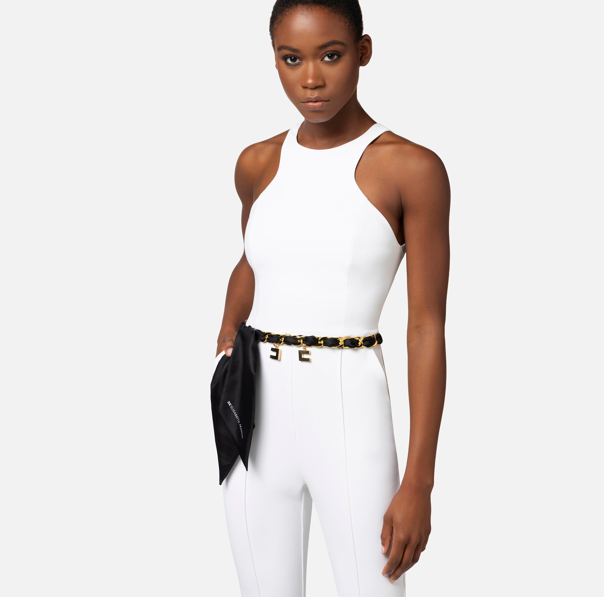 Double layer crêpe jumpsuit with chain belt - Elisabetta Franchi® Outlet