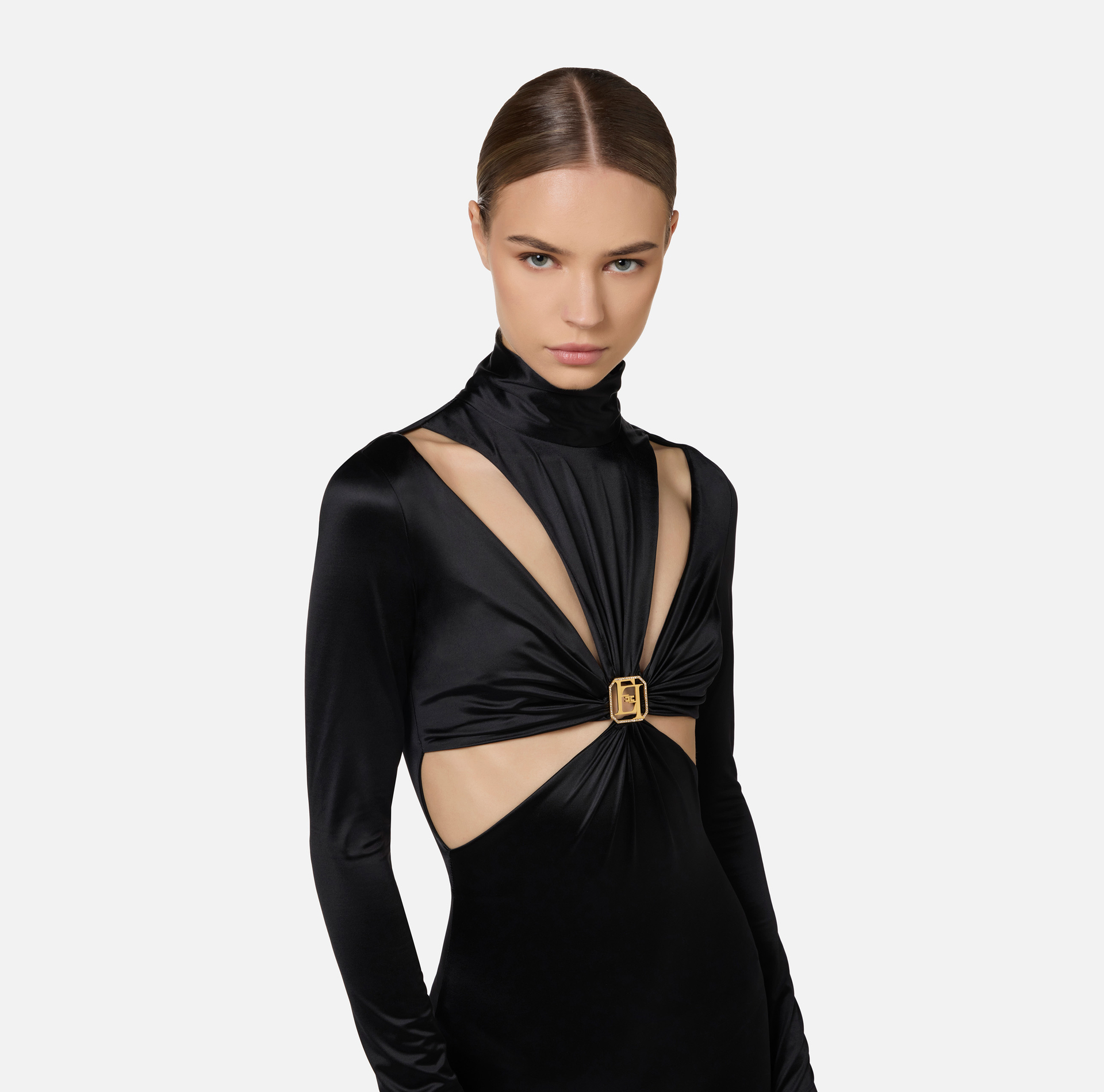 Lycra jumpsuit with cut-out pattern and logo accessory - Elisabetta Franchi® Outlet