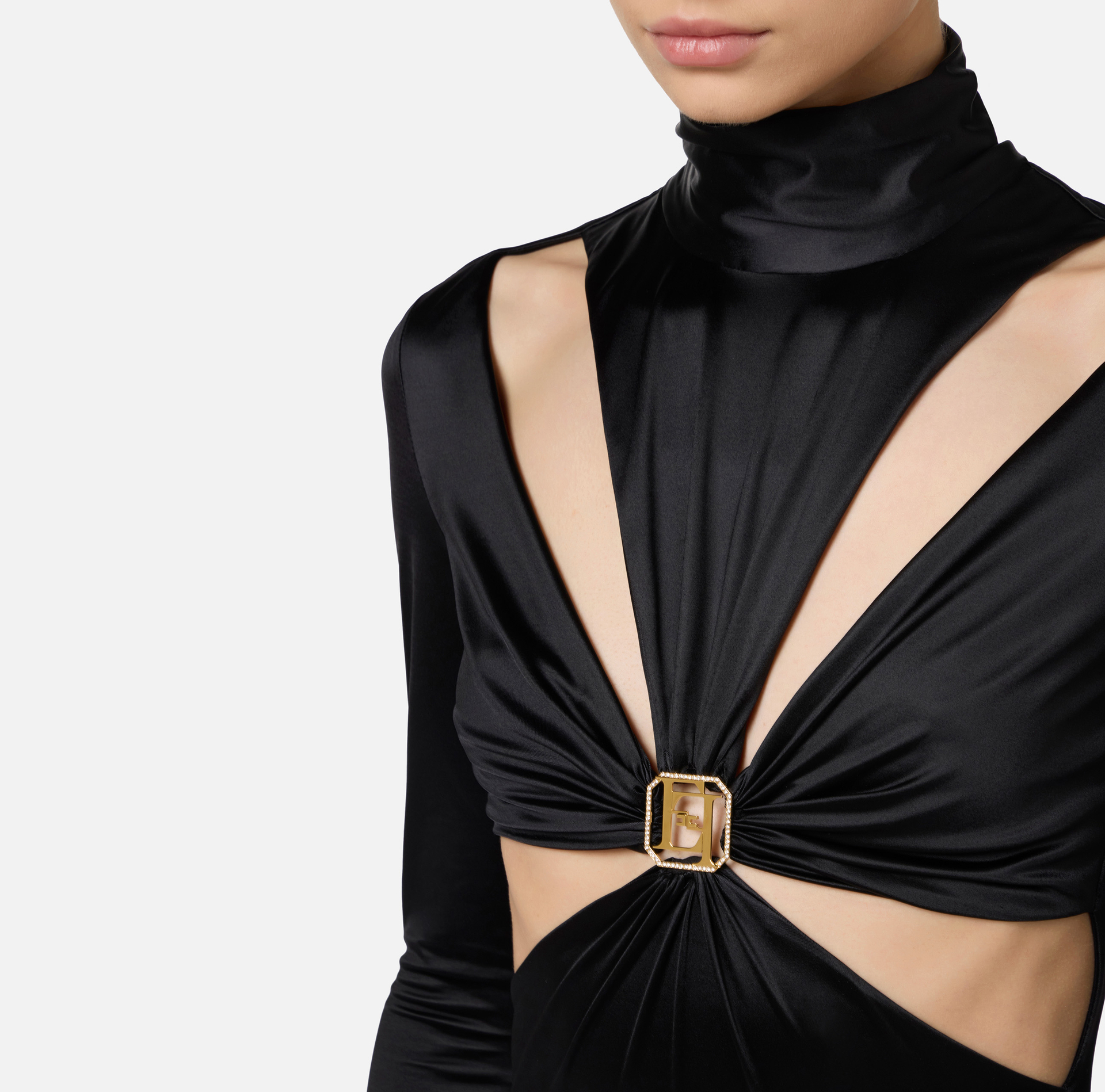 Lycra jumpsuit with cut-out pattern and logo accessory - Elisabetta Franchi® Outlet